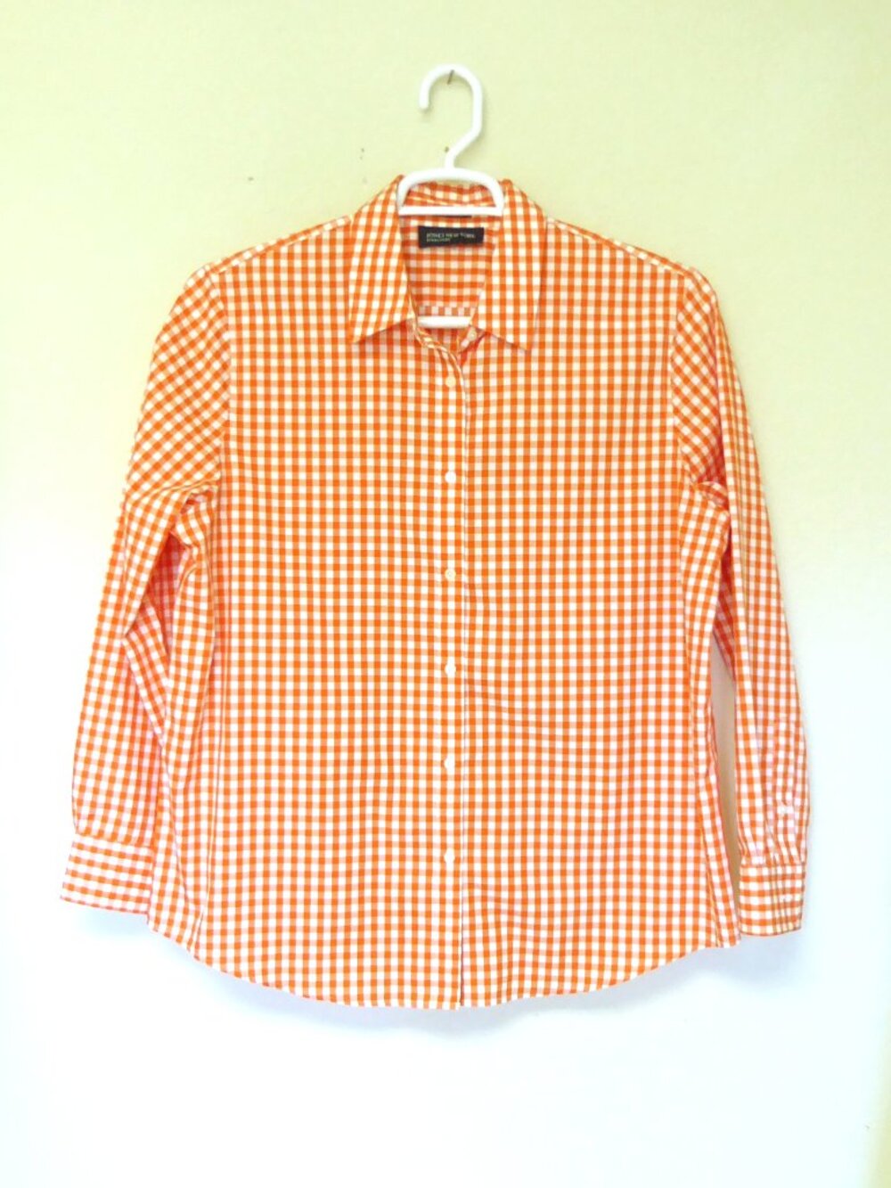 Jones New York orange white gingham print button up shirt size XL
